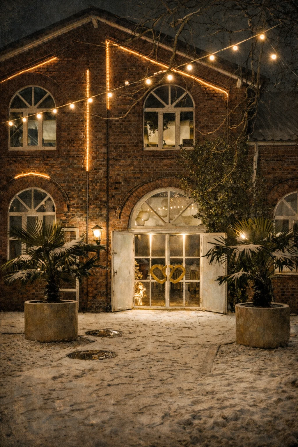 Aussenansicht von Extrafein Witten bei Abendlicht mit dekorativer Beleuchtung